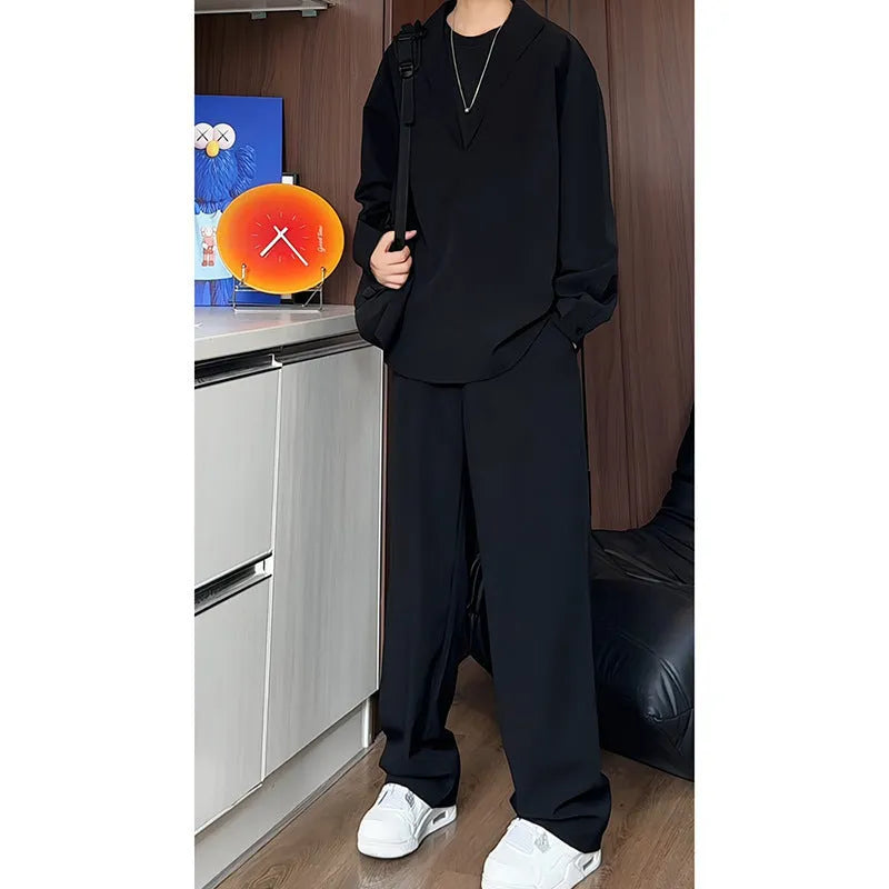Men's black long sleeve polo shirt and trousers two-piece suit set with slim fit styling