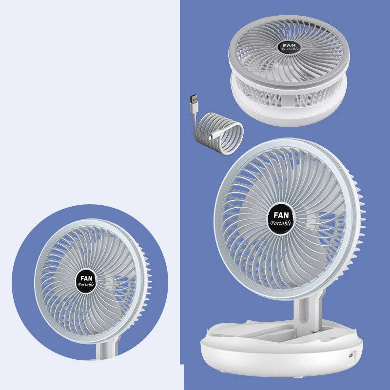 Blue foldable USB desk fan with LED light showing wall mount and ceiling hanging options