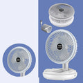 Blue foldable USB desk fan with LED light showing wall mount and ceiling hanging options