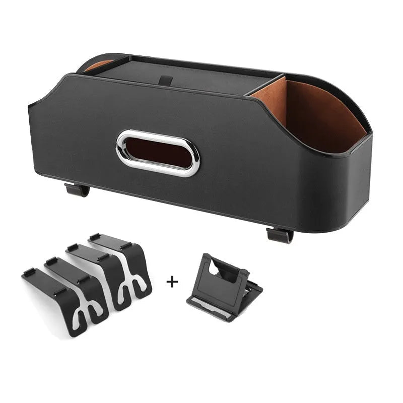 Genuine leather car tissue box holder in one of five colours, showing suspended design.