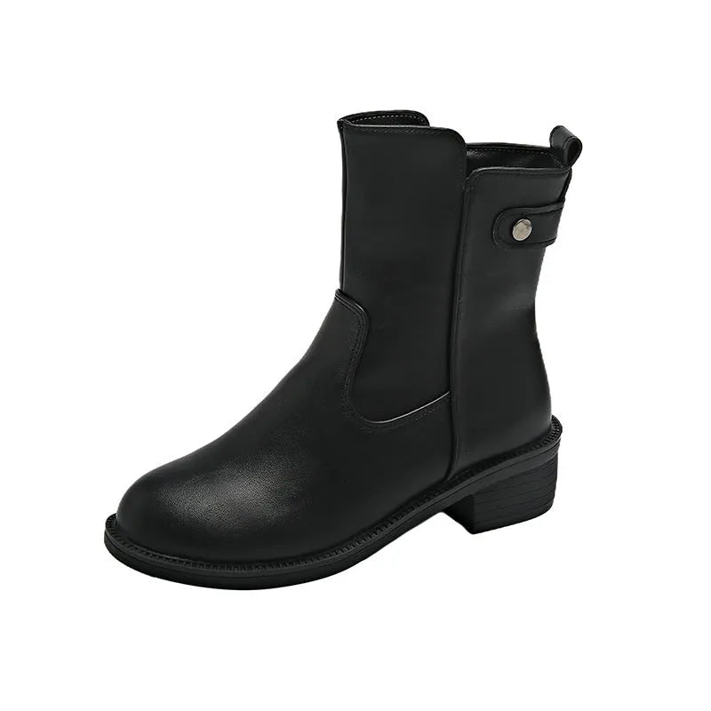 Black women's ankle boots with side zip, round toe, and a low block heel.