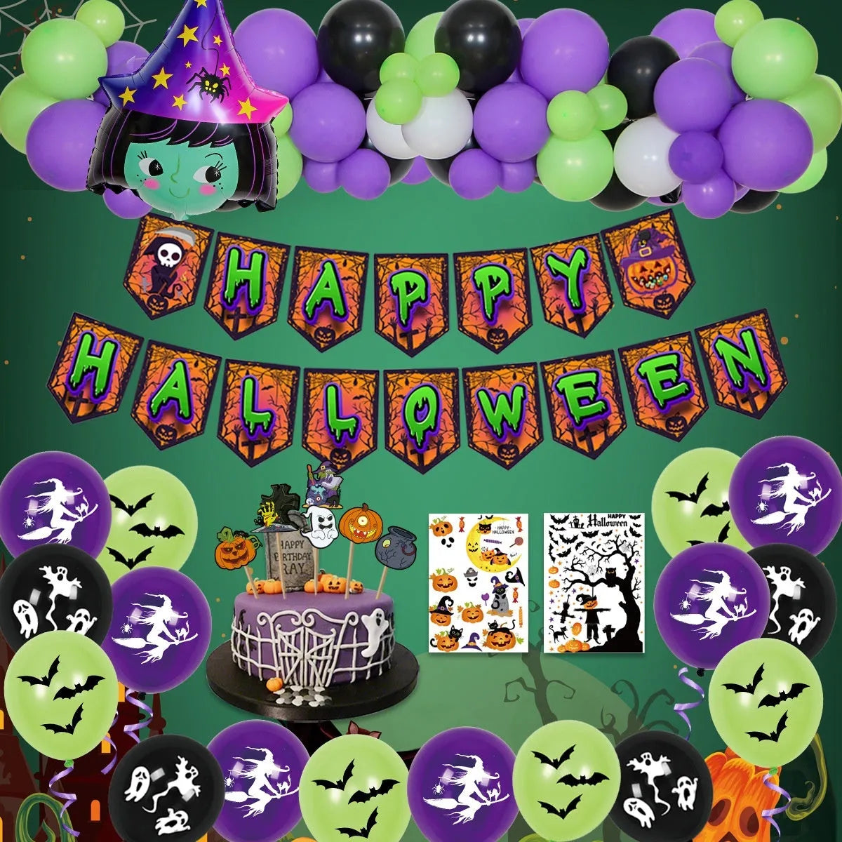 Halloween spider balloon arch set with black and white skull and pumpkin decorations