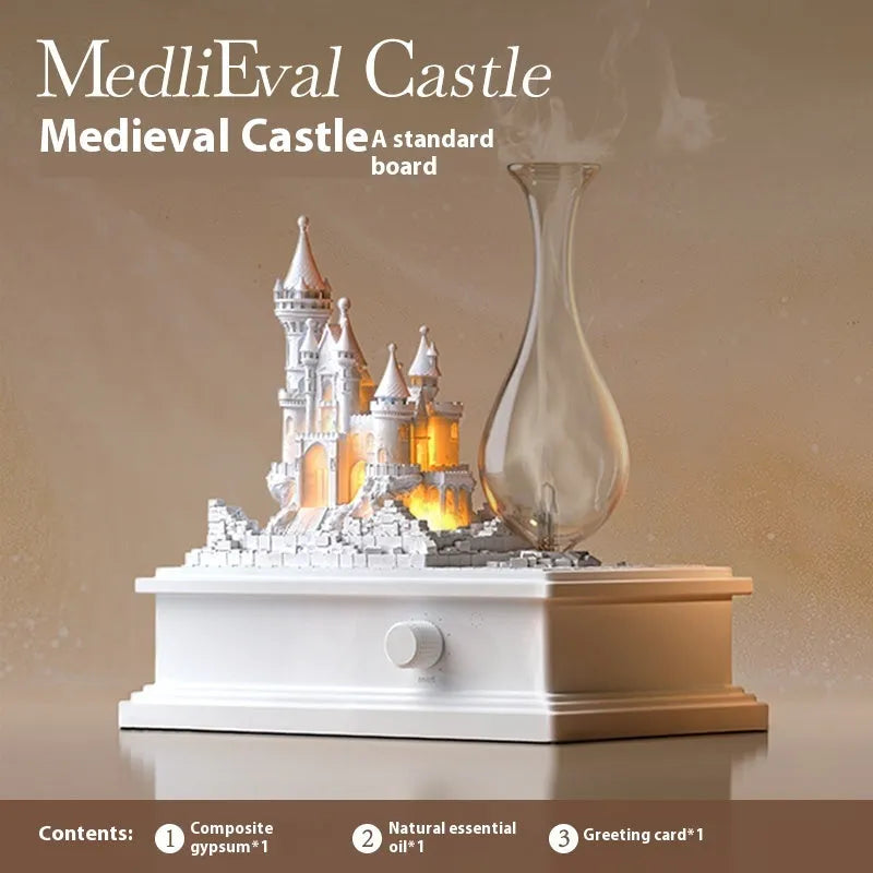 White medieval castle cold fragrance aromatherapy machine with ambient lighting and Type C charging cable