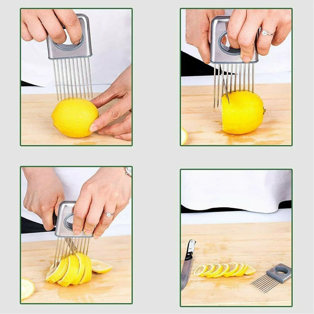 Stainless steel onion holder with ultra-sharp prongs and finger guard protector on a kitchen counter
