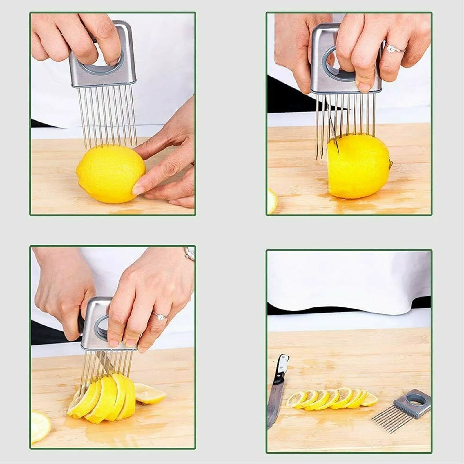 Stainless steel onion holder with ultra-sharp prongs and finger guard protector on a kitchen counter