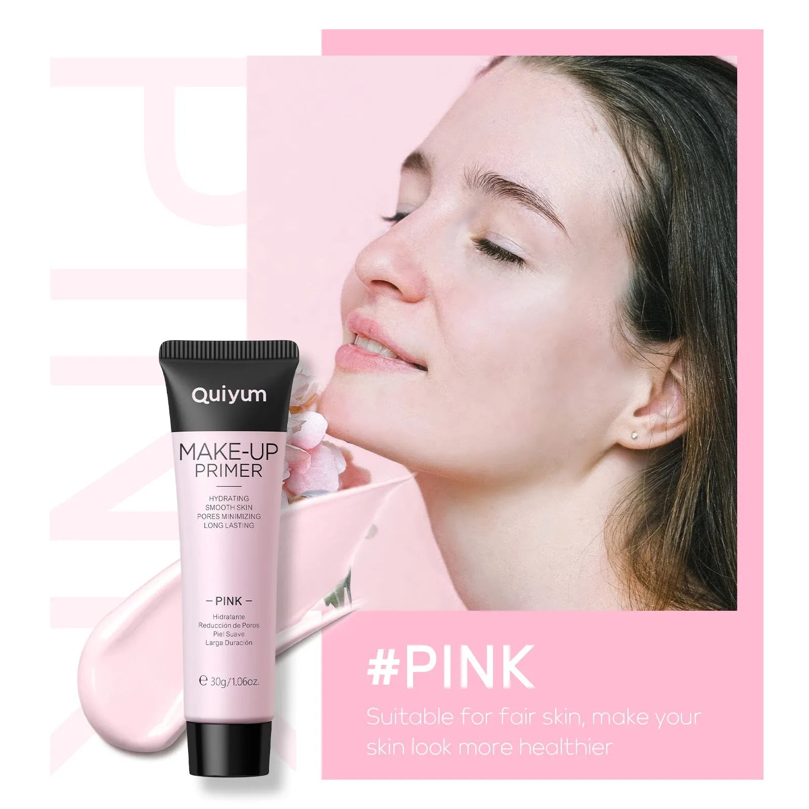 Colour box containing 30g moisturising makeup primer in green, pink, and purple colour-correcting shades