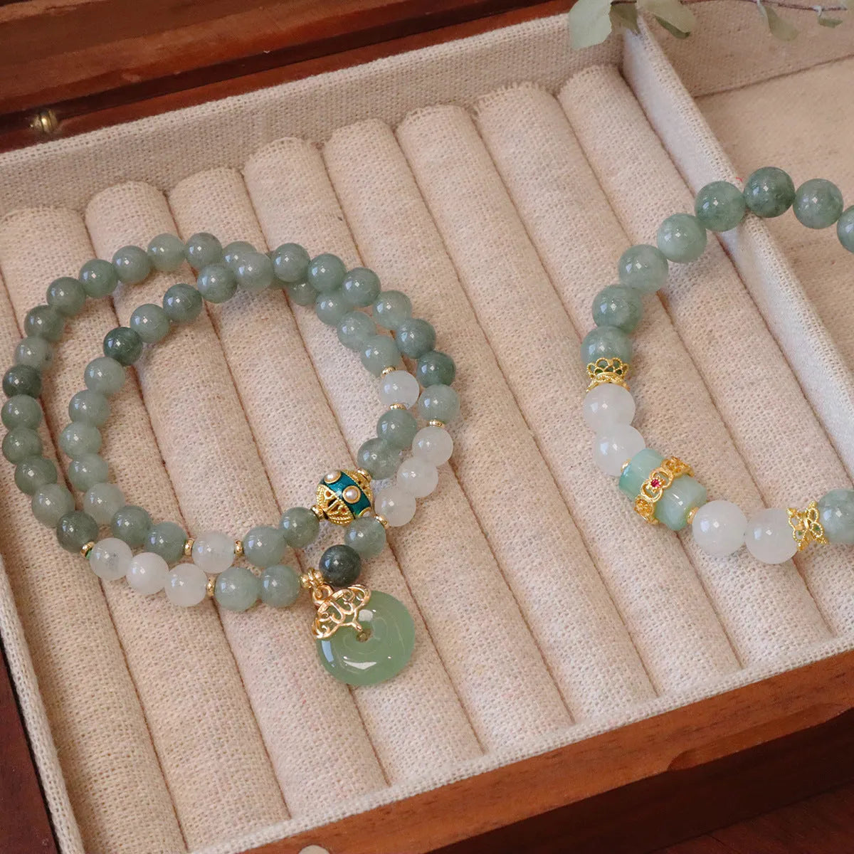 Women's Myanmar jade safety buckle bracelet with geometric beads and peace buckle pendant