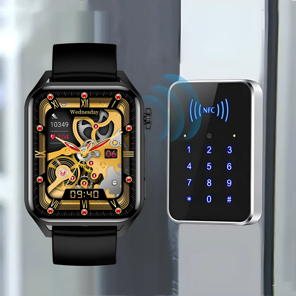 Pink smartwatch with AMOLED screen showing multiple watch dials and a silicone strap on a wrist