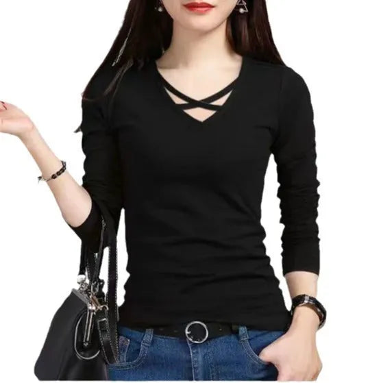 Women's plus size black V-neck long sleeve slim fit top with three-dimensional decoration, front view