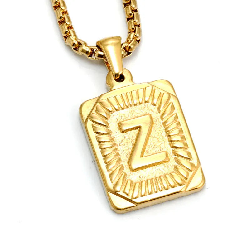 Gold-plated 18K titanium steel letter pendant necklace with pearl chain, gold colour, unisex design
