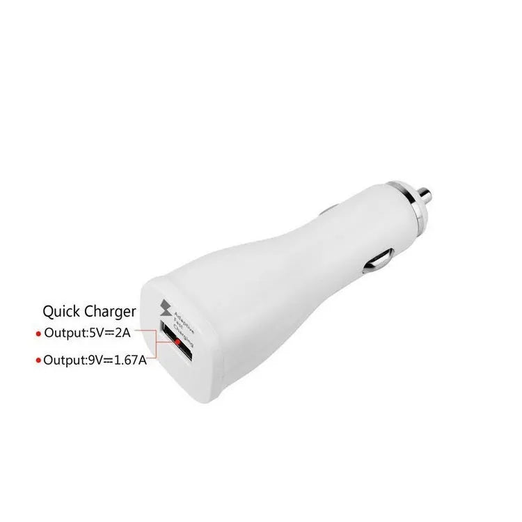 White single-port QC30 USB car charger for fast charging smartphones in vehicles.