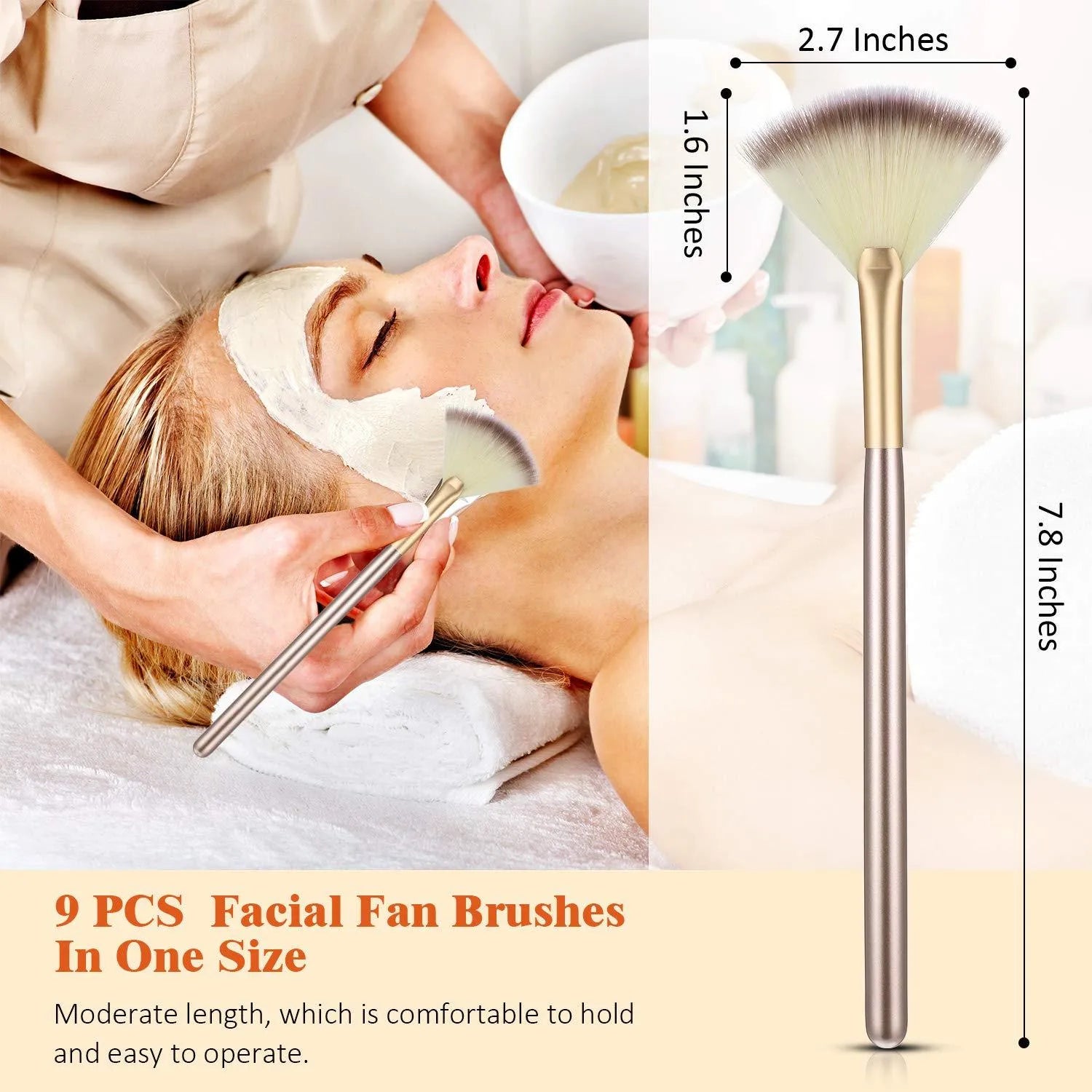 Ten champagne-coloured facial fan brushes with acrylic handles and protective covers.