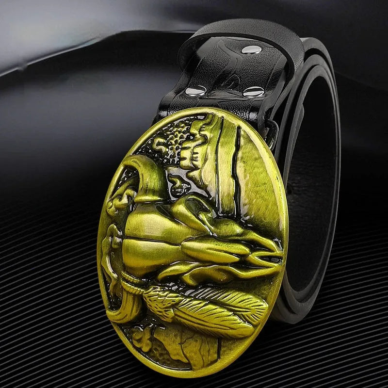 Cow head buckle men's imitation leather belt in black and brown colour options showing decorative alloy buckle detail