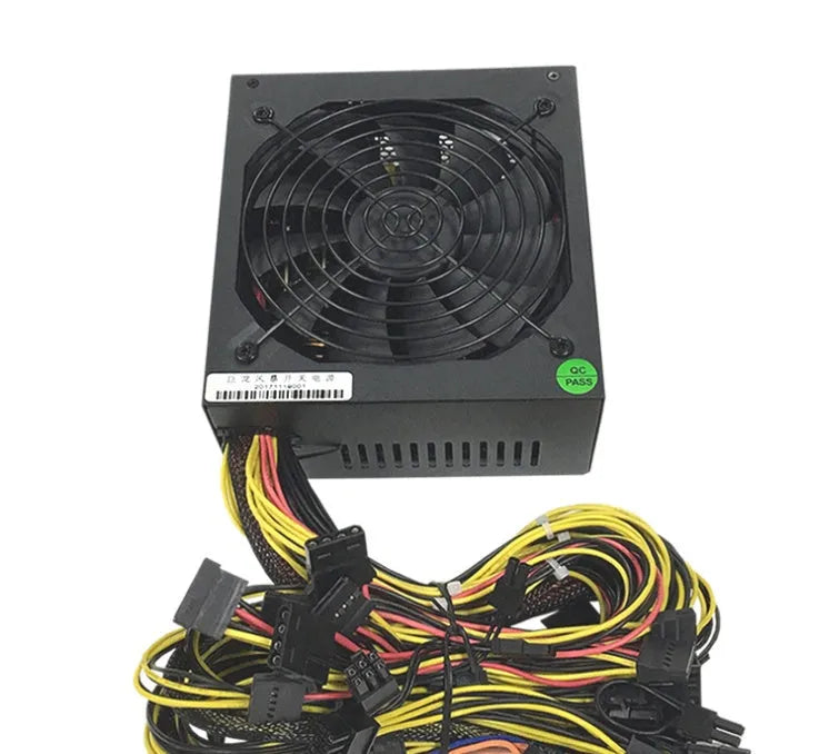 Black full voltage 110V server power supply unit with visible connectors including 4+4 CPU and multiple 6+2 pin GPU interfaces.