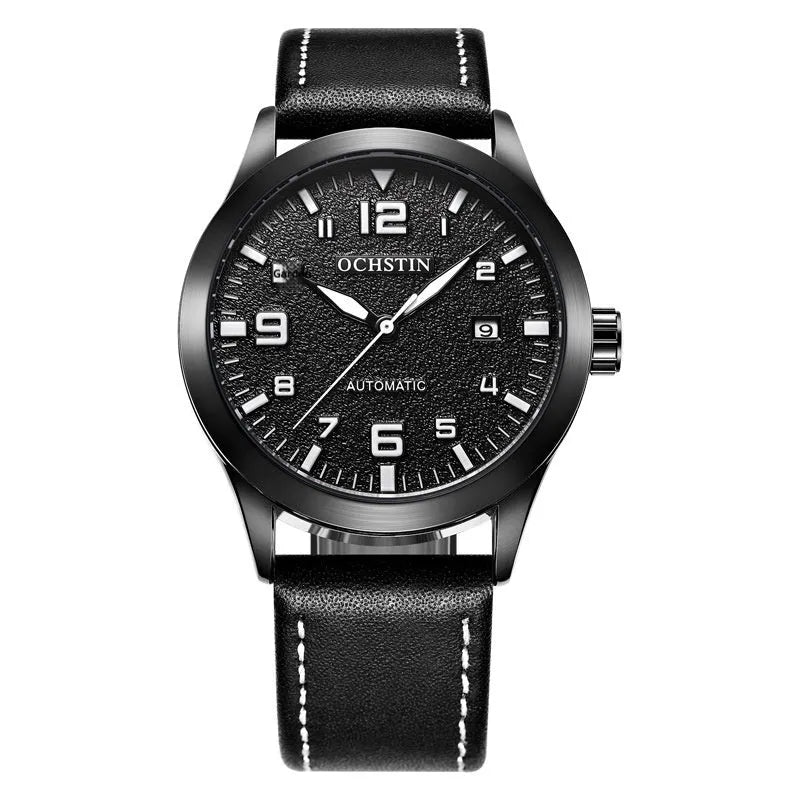Men's silver case Army Green dial automatic watch with brown leather strap on wrist