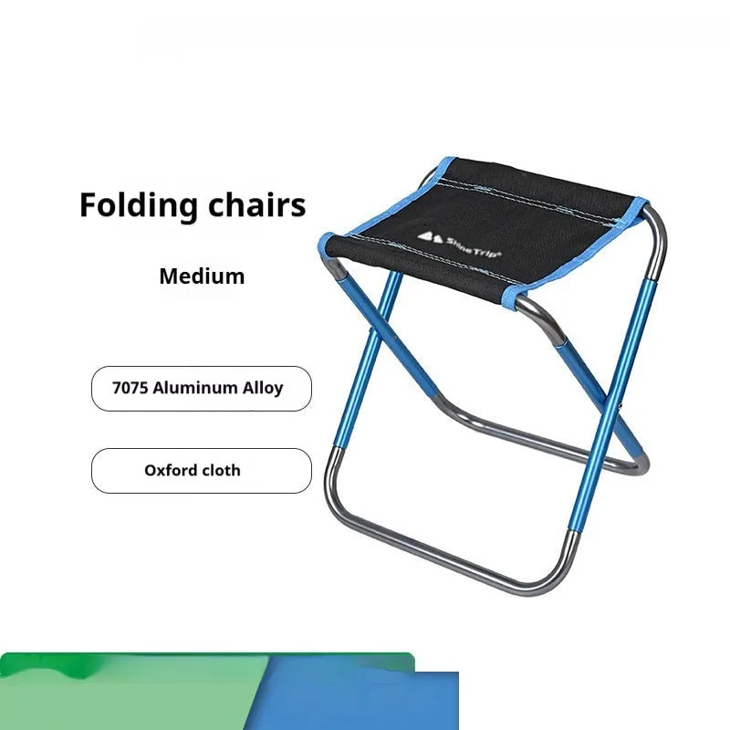 Black aluminium alloy folding camping stool in train-style design for outdoor use