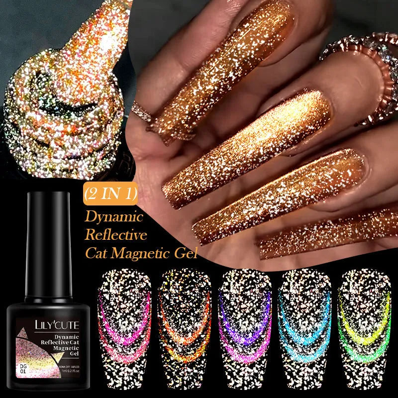 Diamond in the Debris Cat Eye Series nail polish gel bottles in six colours with glitter and fragment texture