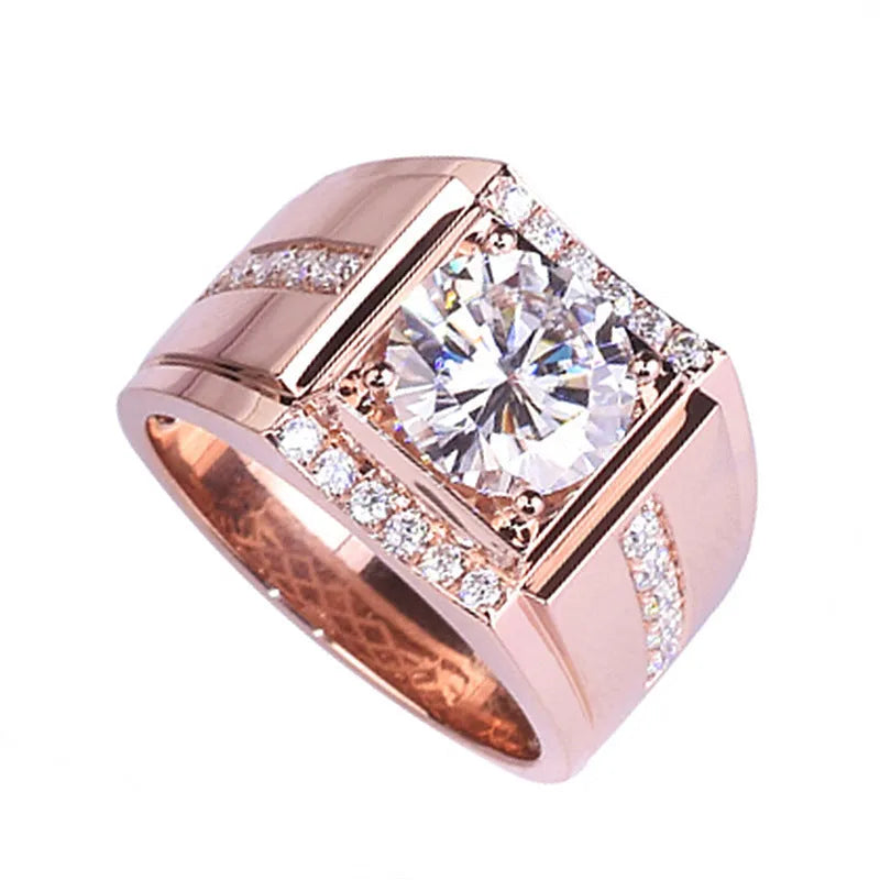 Men's geometric diamond zircon ring with adjustable open mouth design in rose gold finish