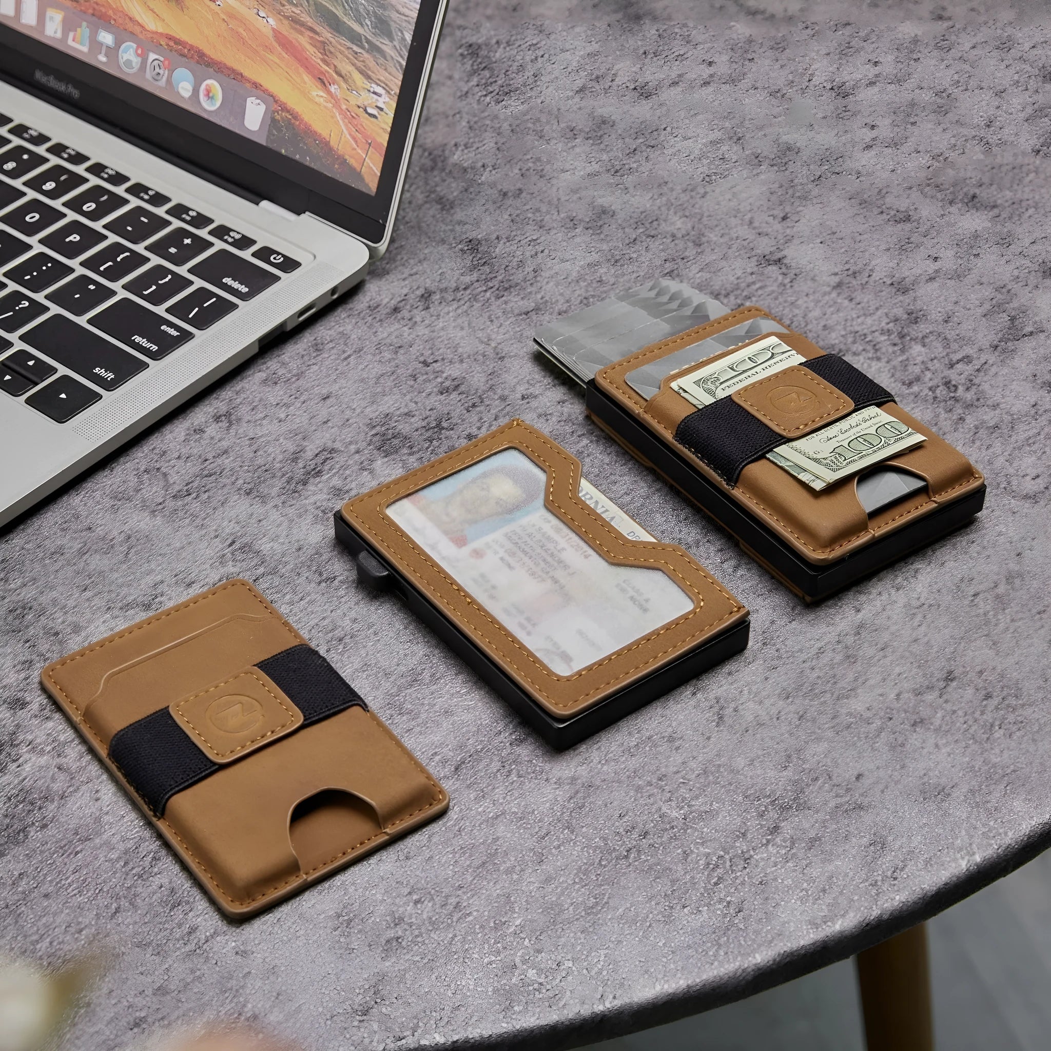 Two-in-one detachable magnetic card holder wallet with automatic cassette in black, brown, and carbon fibre pattern black, PU leather construction.
