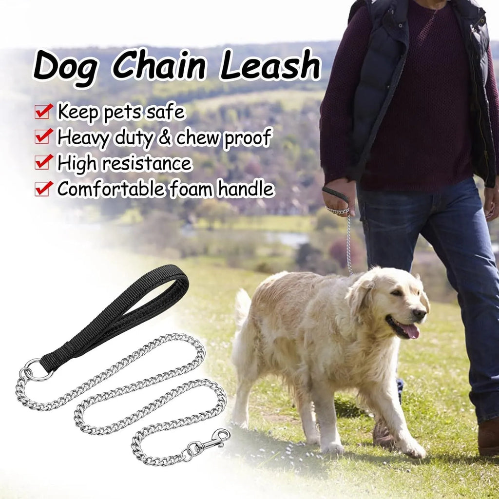 Heavy duty metal dog leash chain with soft black padded handle, shown with red collar attachment.