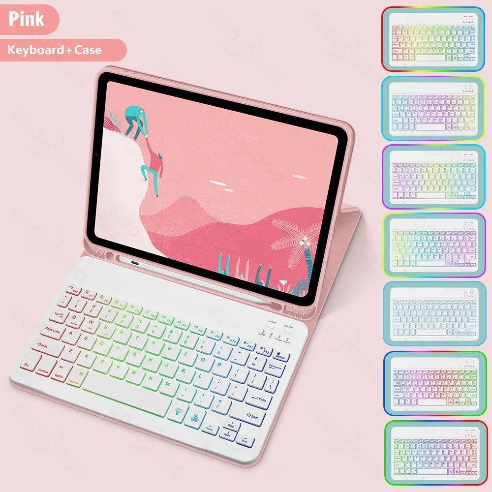 iPad in a colourful TPU leather case with a built-in luminous RGB backlit Bluetooth keyboard and stand open.