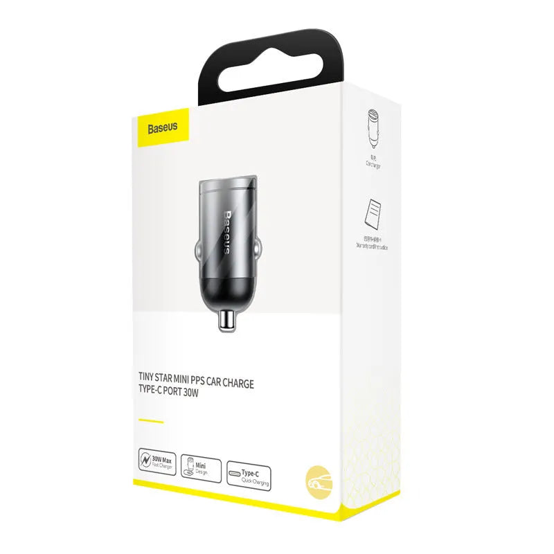 Baseus electro-optical grey mini car charger with single USB port and 1 metre cable