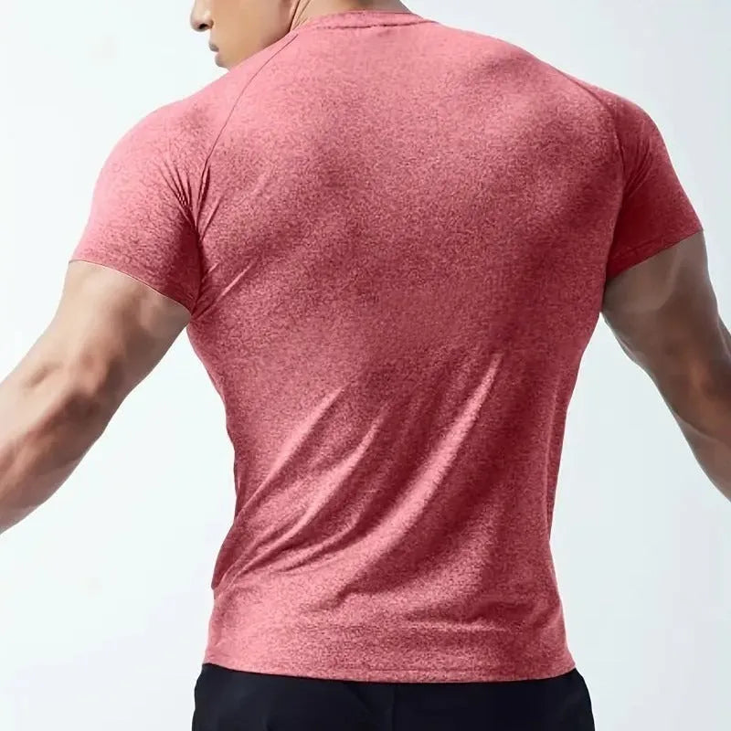 Men's casual short sleeve round neck t-shirt in black, grey, green, or pink, made from quick-dry polyester fabric.