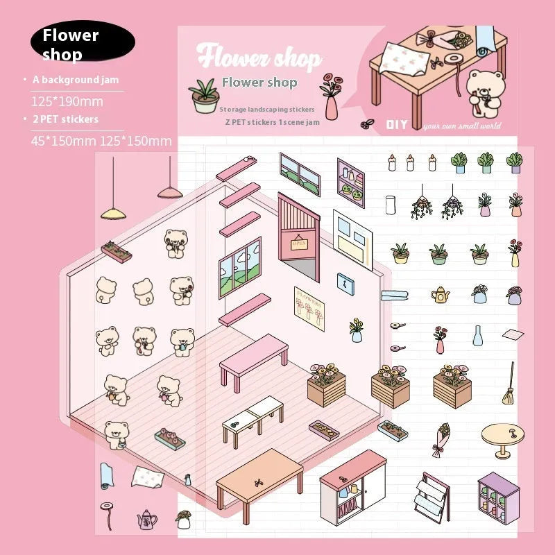 Capabala pre-cut PET cartoon sticker sheet in themes like pink restaurant and green bookstore.