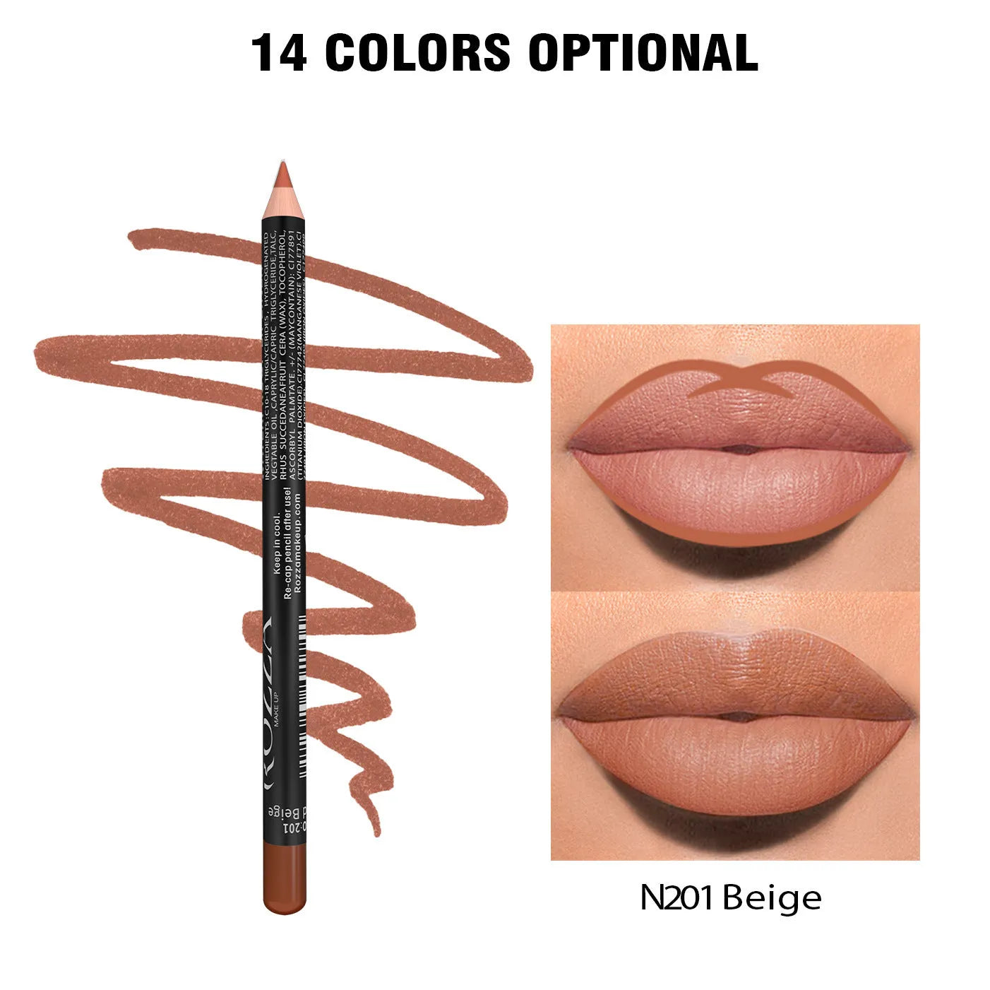 Wood-cased matte lip liner pencil in one of fourteen shades, shown on a hand