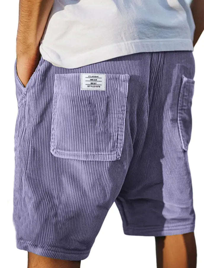 Men's gray corduroy shorts with multiple pockets and embroidery detail on straight-leg summer design