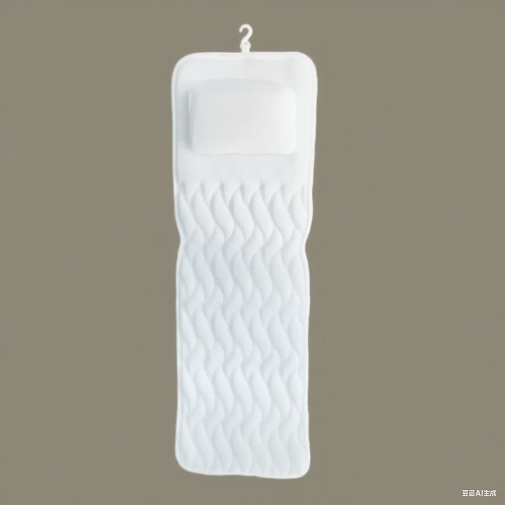 White 3D bathtub pillow with mesh fabric and suction cups on a bathtub edge.