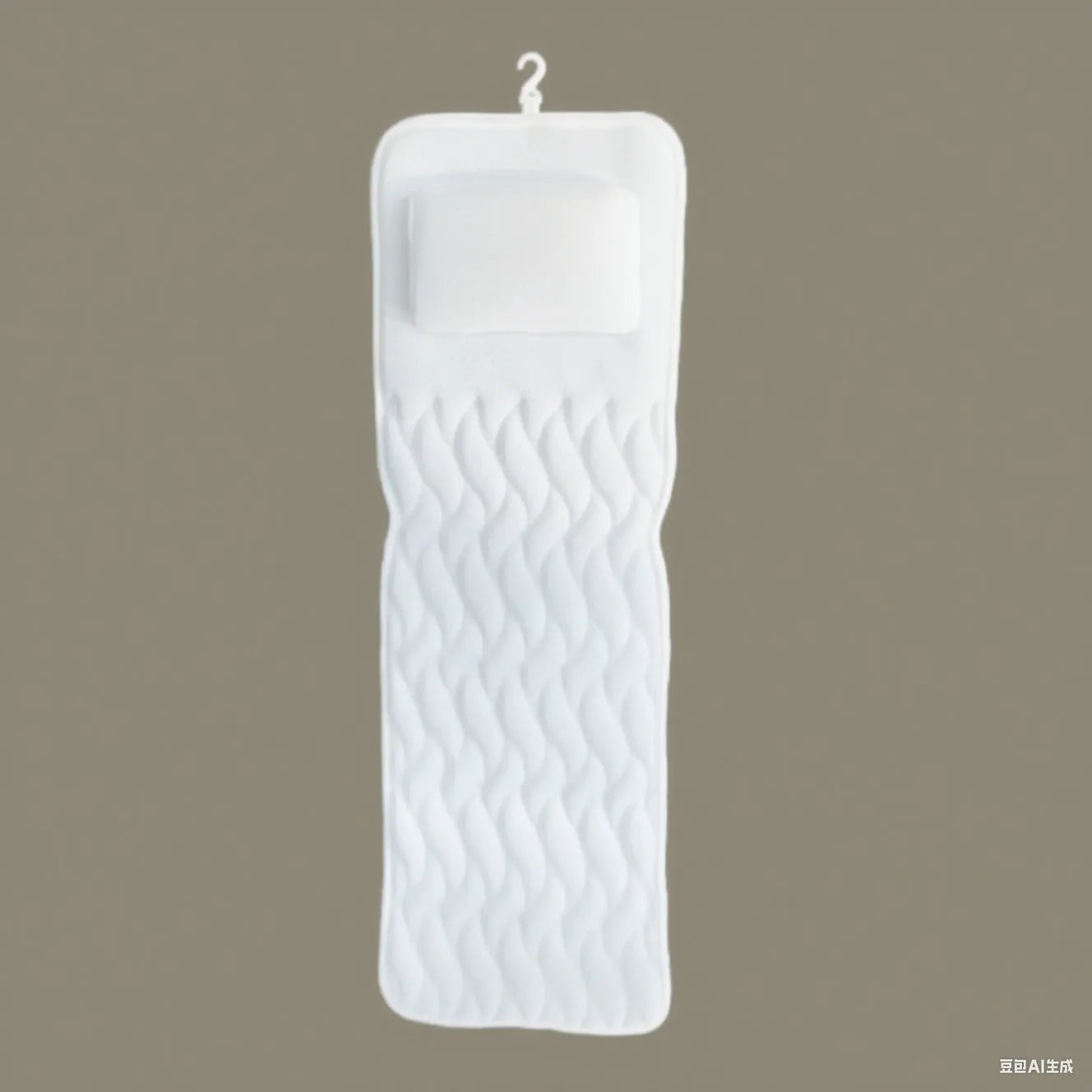 White 3D bathtub pillow with mesh fabric and suction cups on a bathtub edge.
