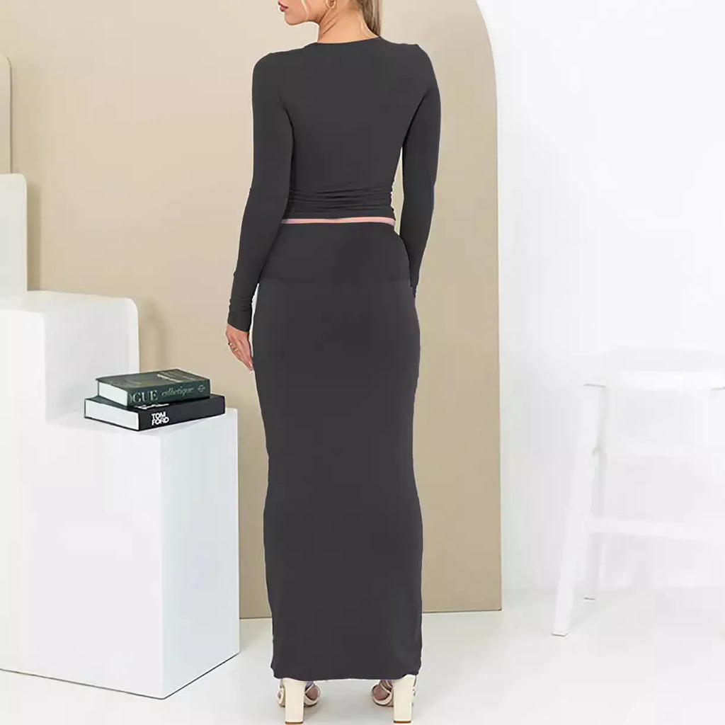 Women's polyester two-piece suit set with three-quarter sleeve top and long skirt in fresh sweet style