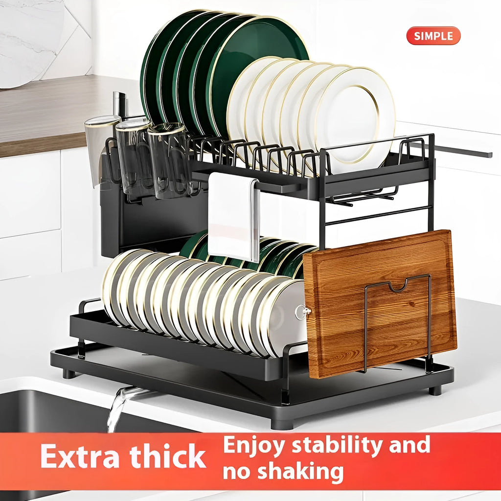 White double-layer kitchen storage rack with removable draining components on carbon steel frame