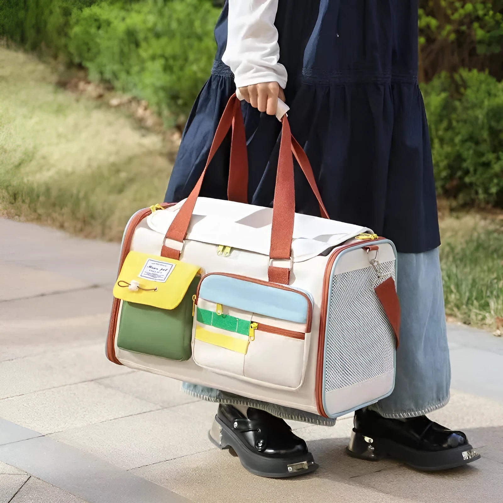 New fashion pet bag in Oxford cloth with colour-matching pattern, shown as a backpack and handbag for cats and dogs