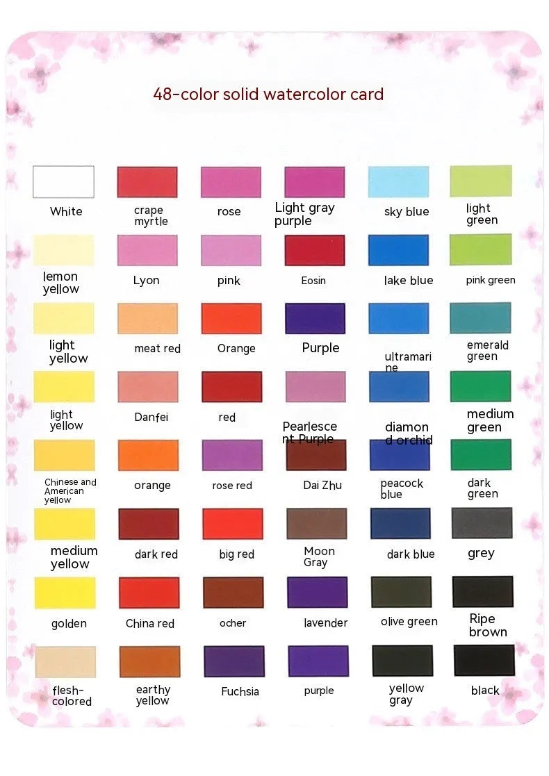 48 colour solid watercolour paint set in box showing Black Knight, Girl Pink and Sunshine Blue pigments