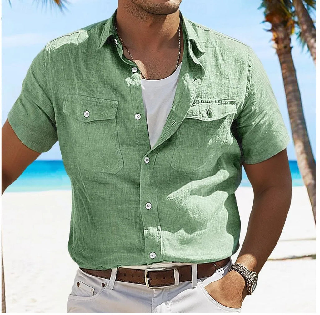 Men's linen summer shirt in cotton fabric with polo collar and long sleeves in solid colours