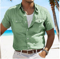 Men's linen summer shirt in cotton fabric with polo collar and long sleeves in solid colours