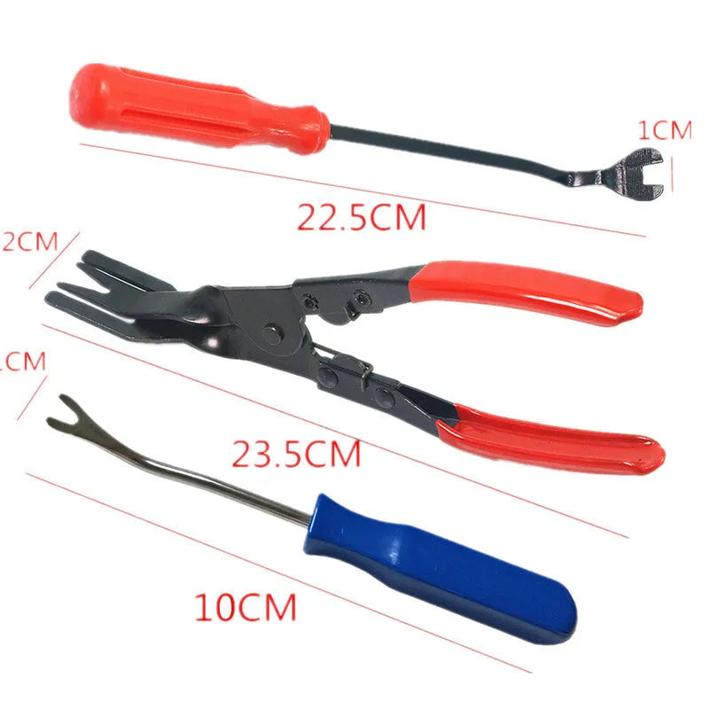 Red-handled steel automotive clip removal pliers for General Motors door panels.