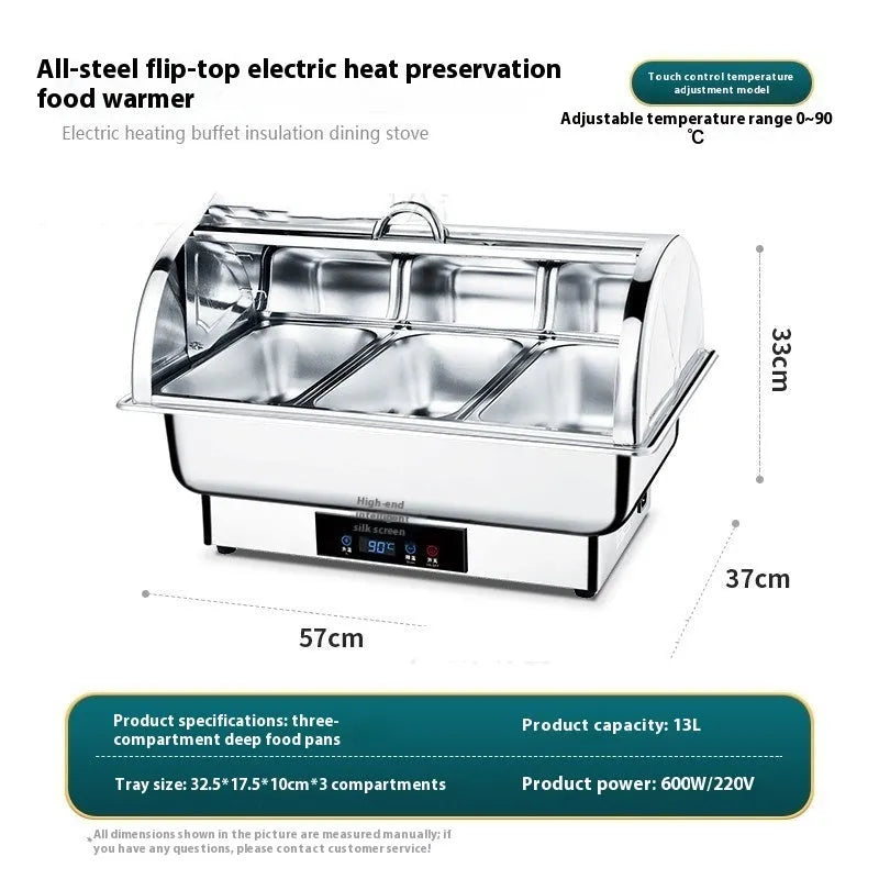 Stainless steel electric buffet stove with transparent flip lid and LCD temperature control display