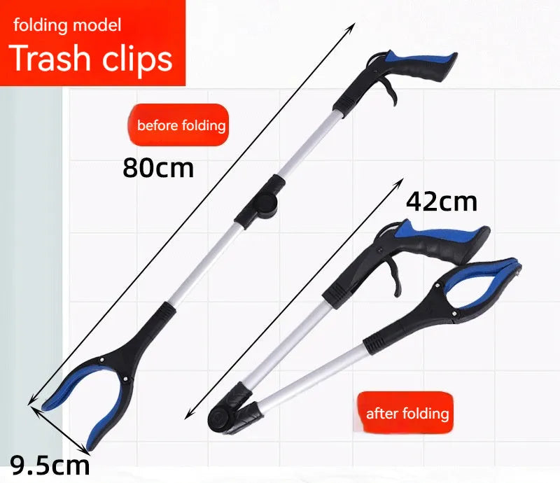 Silver folding rubbish grabber with blue handle extended to 80cm, showing magnet end.