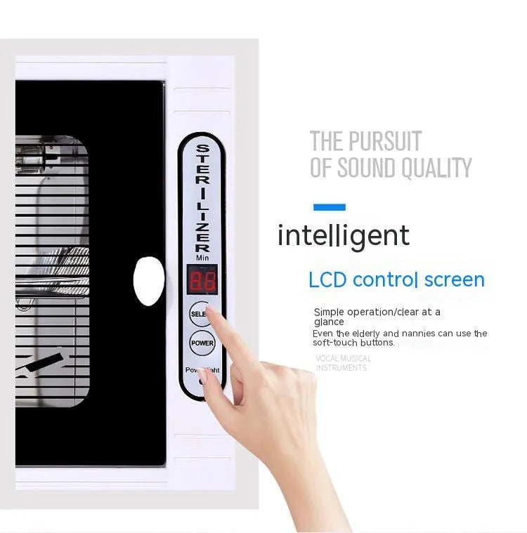 Small silver UV steriliser cabinet for nail salon and barber shop tools.
