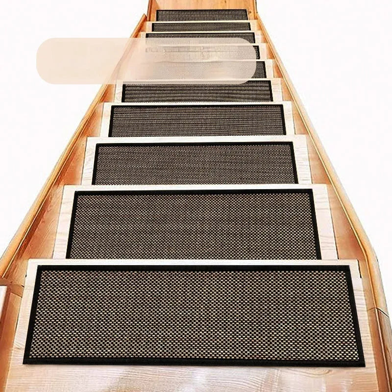 Japanese-style solid-colour linen-look stair mat with rubber backing lying flat on a wooden step.