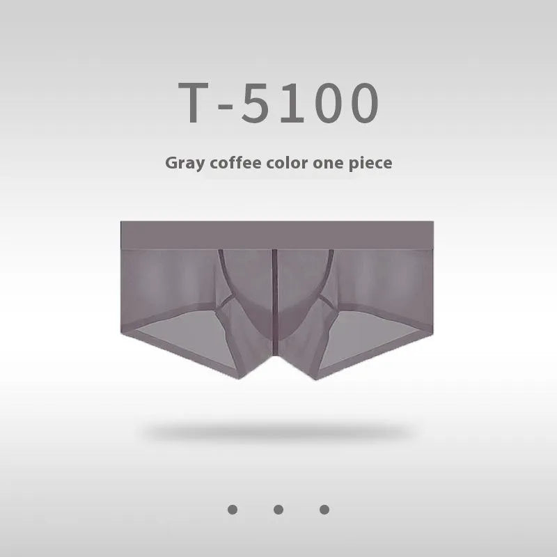 Men's seamless low waist underwear in ice silk nylon fabric showing ultra-thin sheer construction