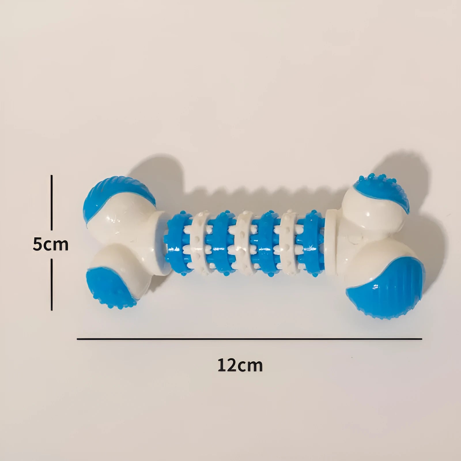 Blue bone-shaped interactive dog toy for small breeds with a treat compartment.