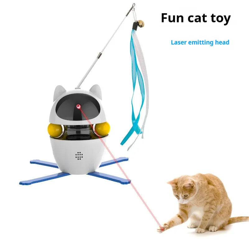 White interactive cat toy with funny stick and elastic rope for indoor cats