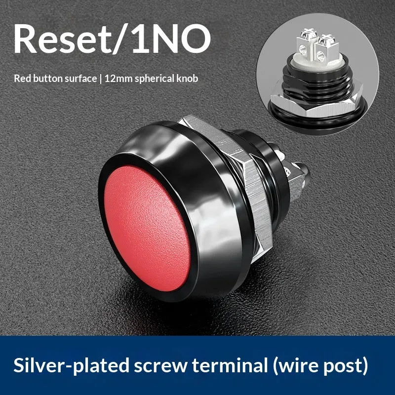12mm spherical head self-resetting push button switch with silver-plated contacts and waterproof protection