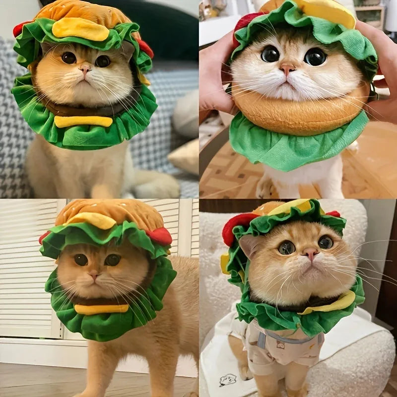 Soft fabric cartoon burger headdress collar for cats with adjustable strap