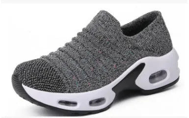 Plus size fly-knit socks shoes with mesh upper and low heel in dark blue colour
