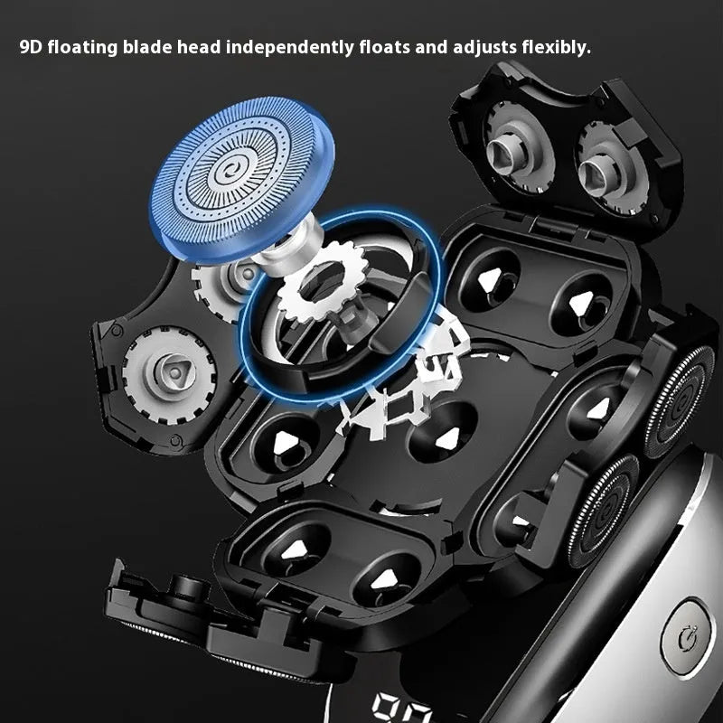 Black rechargeable 6-in-1 hair clipper grooming kit with attachments laid out.